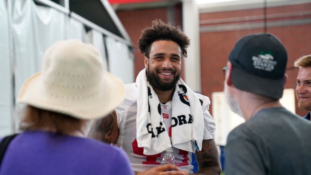 New York Giants linebacker Darrian Beavers talks to reporters after training camp in East Rutherford on Monday, July 31, 2023.